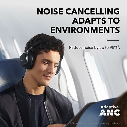 Person wearing noise cancelling headphones on a plane.