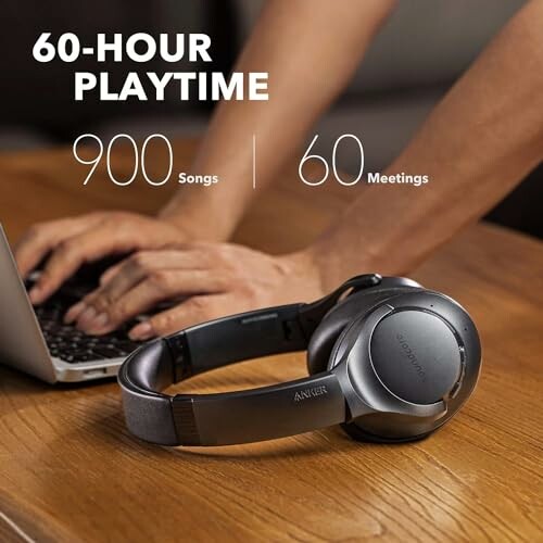 Anker headphones on a table with text highlighting 60-hour playtime for 900 songs or 60 meetings.