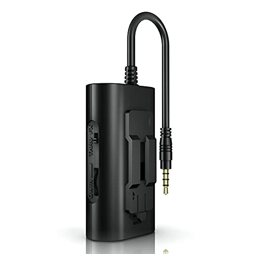 Black audio adapter with 3.5mm jack and control switches