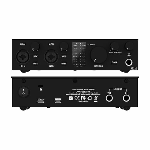 Audio interface with multiple input and output ports, front and back view.