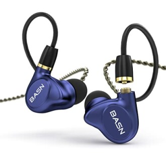 Blue BASN in-ear monitor headphones with detachable cables.