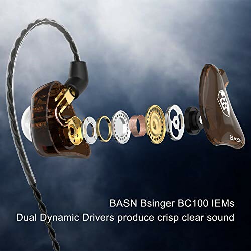 Exploded view of BASN Bsinger BC100 IEMs with dual dynamic drivers.