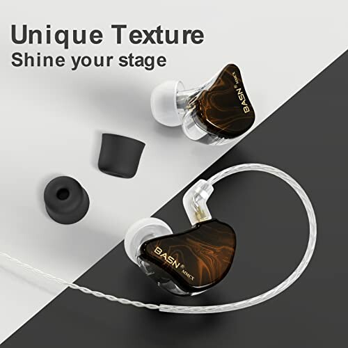 BASN earphones with unique texture and accessories.