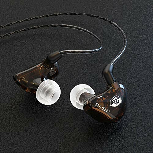 BASN in-ear monitors with clear earbuds and black cables.