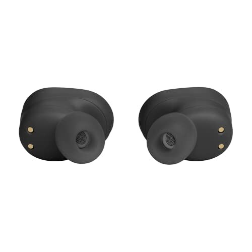 Black wireless earbuds with gold connectors