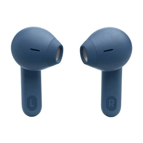 Blue wireless earbuds with left and right indicators