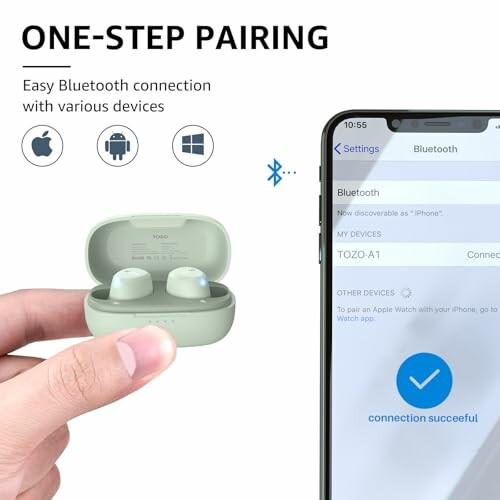 Bluetooth earbuds pairing guide with smartphone screen.