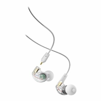 Clear in-ear headphones with visible wiring and white earbuds.