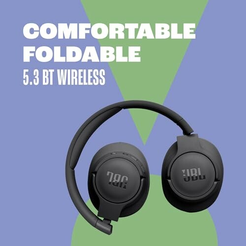 Black JBL wireless headphones on a colorful background with text 'Comfortable Foldable 5.3 BT Wireless'.