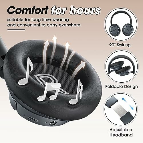 Headphones with comfort features like 90-degree swiveling, foldable design, and adjustable headband.