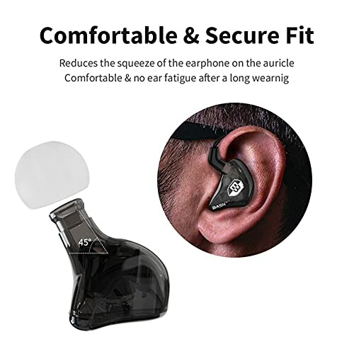 Close-up of an ear wearing a black ergonomic earphone with text about comfort.