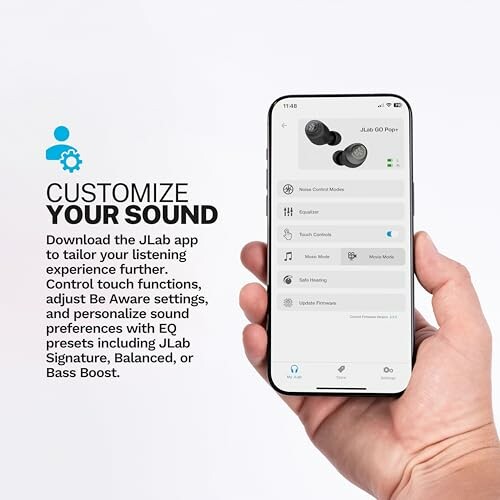 Hand holding smartphone with JLab app for sound customization.