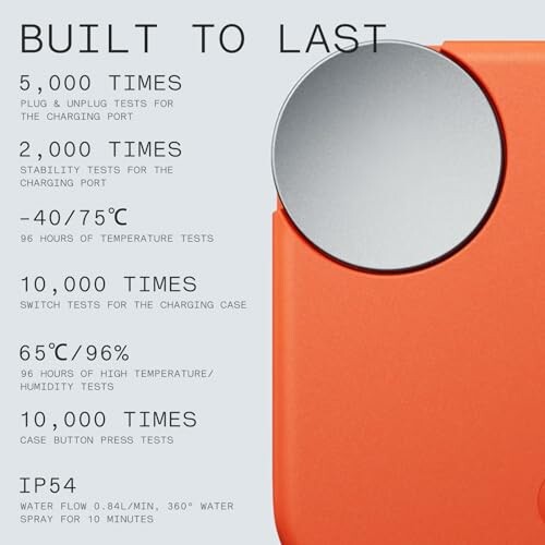 Durability test specifications for charging port and case, including temperature and button tests.