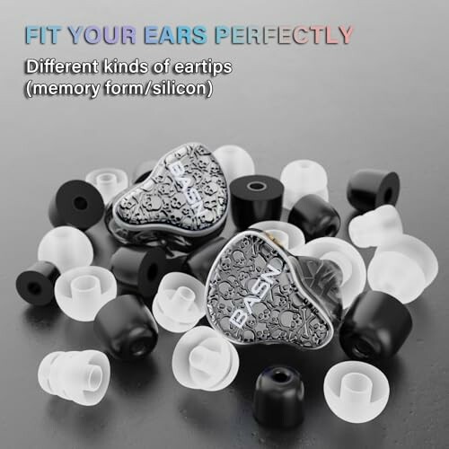 Assorted ear tips and earphones with text 'Fit Your Ears Perfectly'