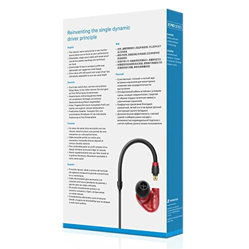 Side view of earphone packaging with product description.