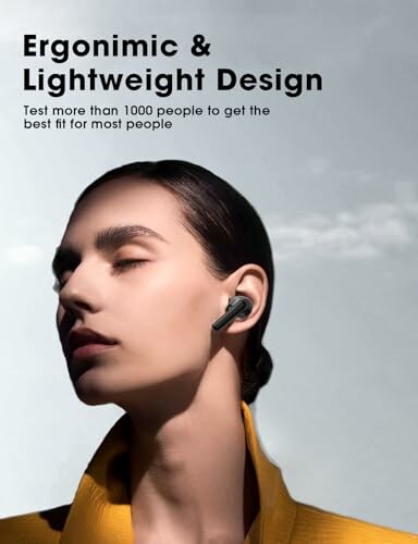 Person wearing ergonomic lightweight earbuds with text.