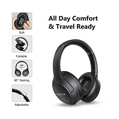 Foldable black headphones with adjustable design and soft ear cushions.