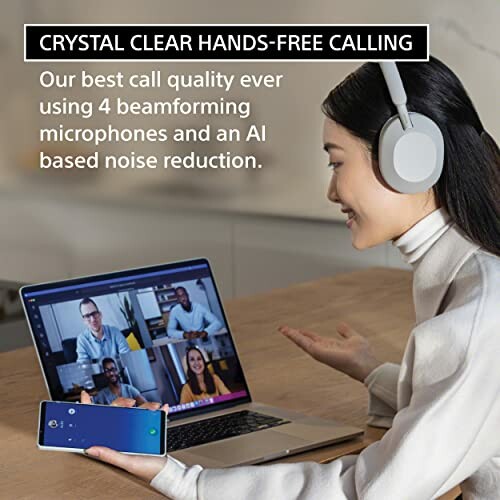 Woman using headphones for a video call on a laptop with text about hands-free calling.