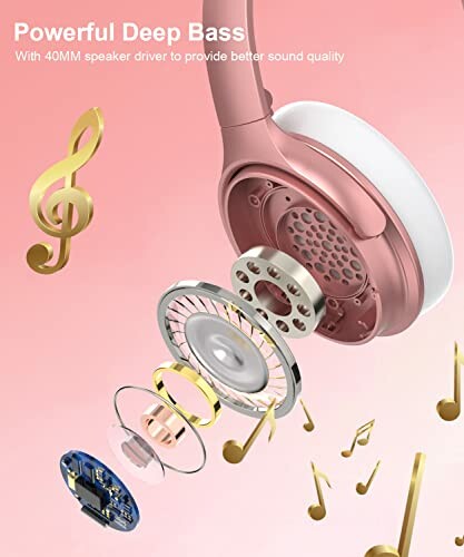 Exploded view of headphones with components and musical notes on a pink background.