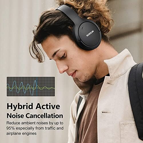 Person wearing headphones with hybrid active noise cancellation feature.