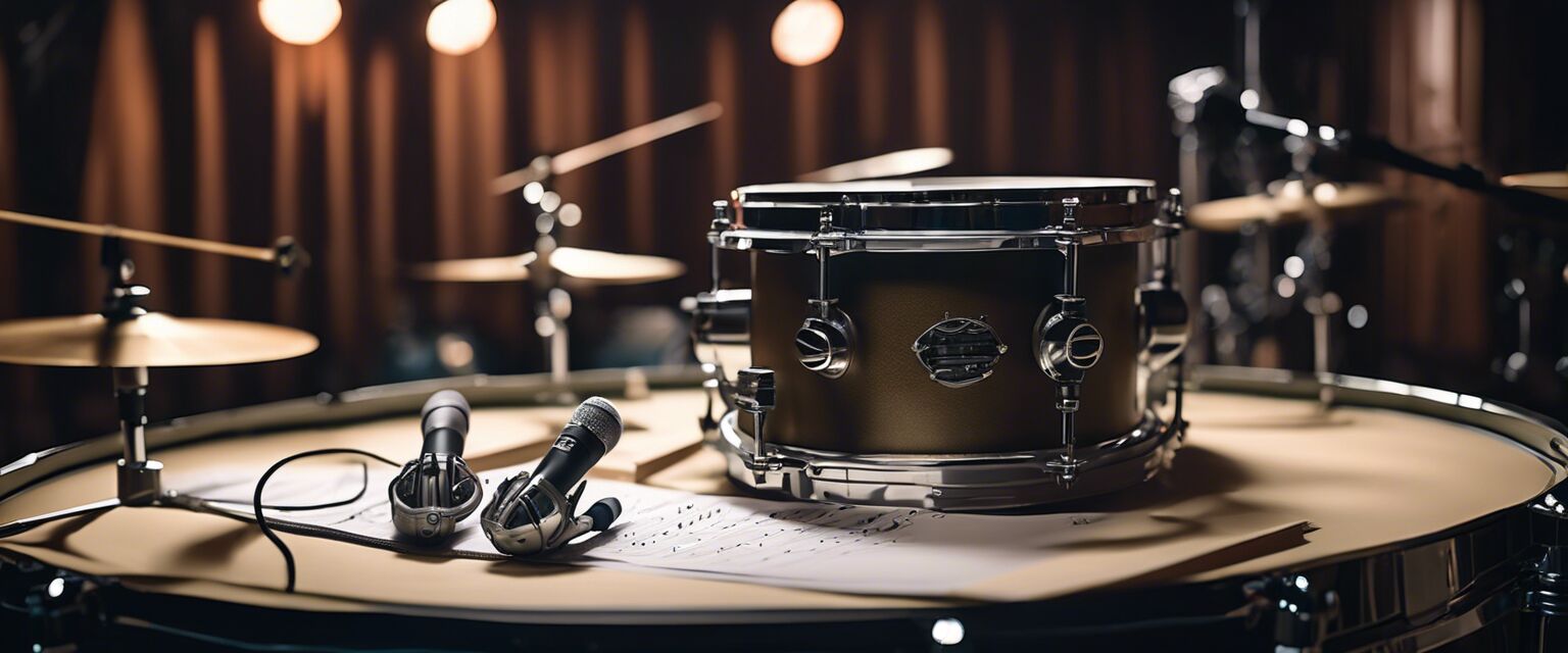 In-ear monitors next to a drum set