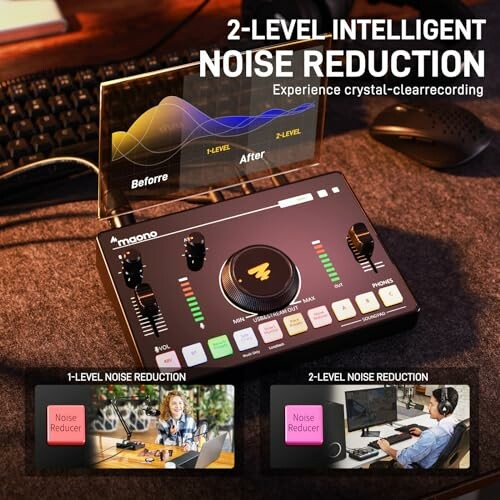 Audio device with 2-level intelligent noise reduction feature.