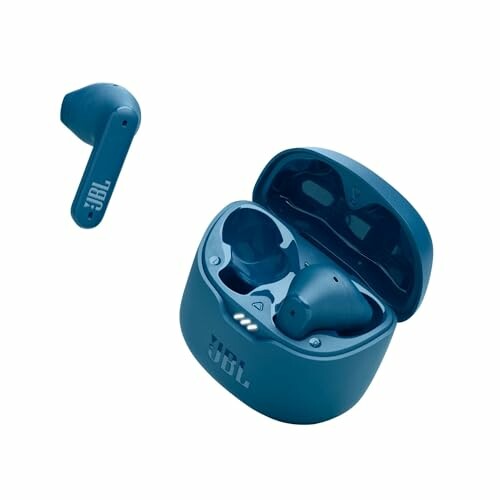 Blue JBL wireless earbuds with charging case