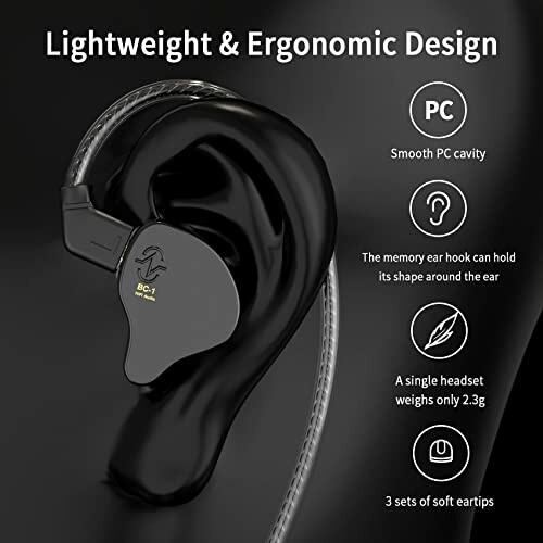 Lightweight ergonomic earpiece with memory ear hook and soft eartips.