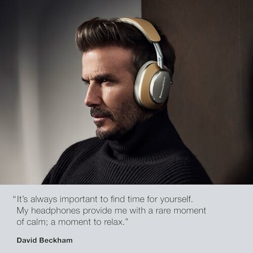 Man wearing headphones with a quote about relaxation.