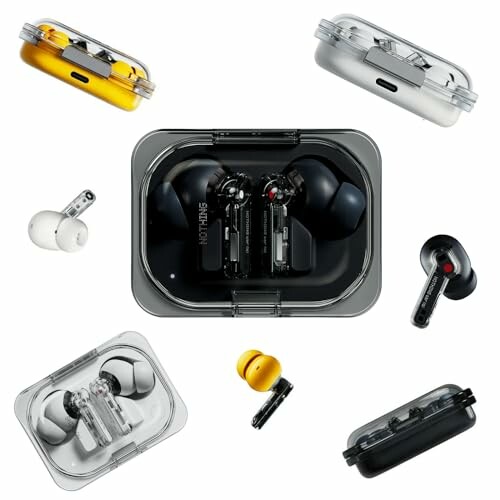 Various colors of wireless earbuds and charging cases.