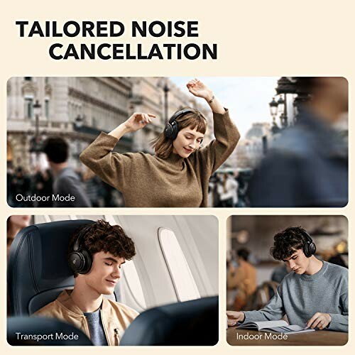 Collage showcasing noise-cancelling headphones in outdoor, transport, and indoor modes.