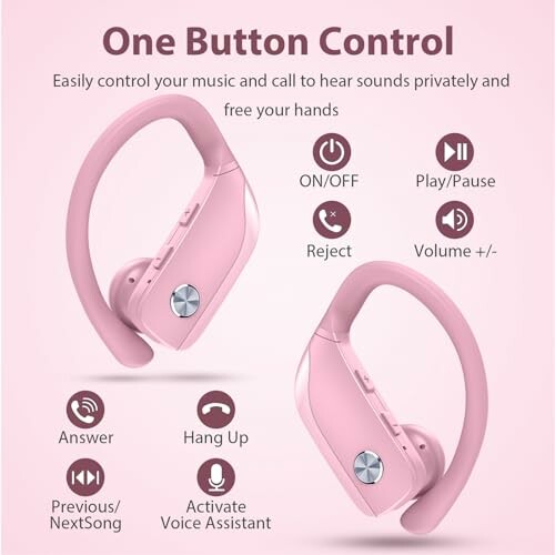 Pink wireless earbuds with control features like on/off, play/pause, volume, answer, hang up, previous/next song, and voice assistant.