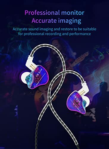 Purple professional monitor earphones with braided cables against a concert background.