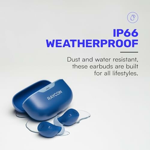 Raycon blue earbuds with IP66 weatherproof feature.