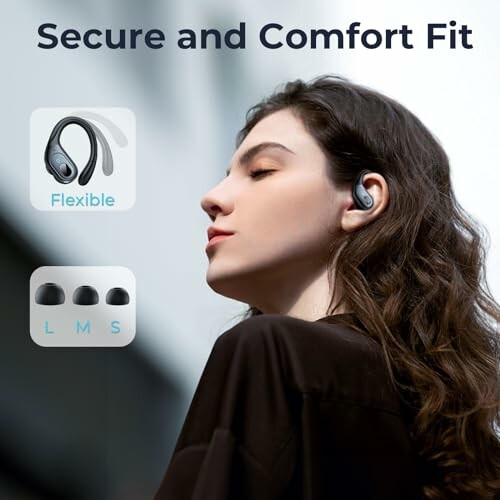 Woman wearing earbuds with text 'Secure and Comfort Fit', showing flexible design and earbud sizes.