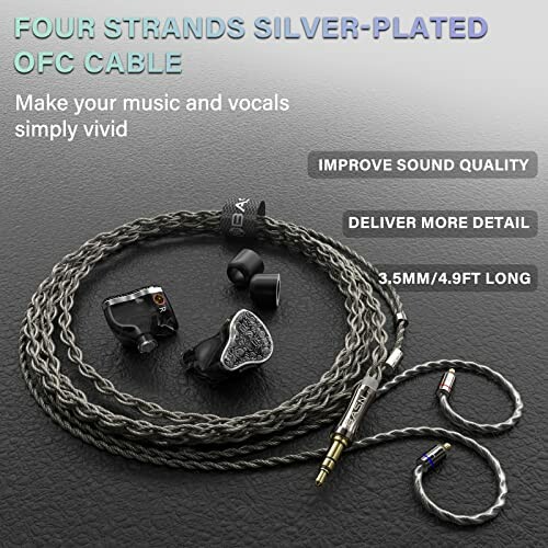 Silver-plated OFC cable with earbuds and text highlighting sound quality and detail.