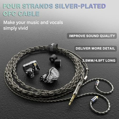 Silver-plated OFC cable with earbuds and accessories