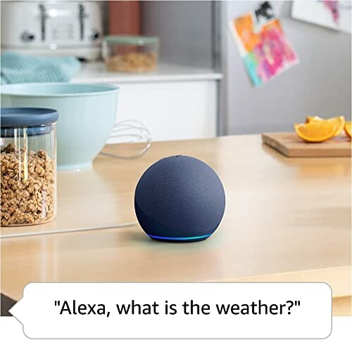 Smart speaker on kitchen counter with cereal and fruit.