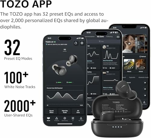 TOZO app with earbuds and various EQ modes displayed.