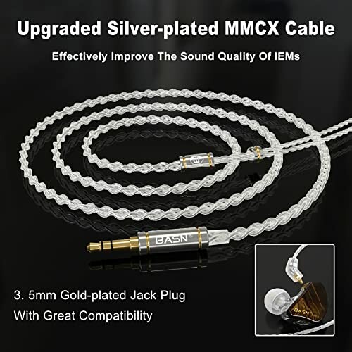 Silver-plated MMCX cable with gold-plated jack plug for IEMs.