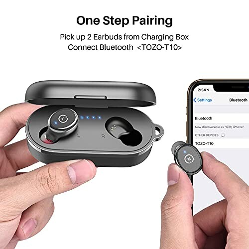 Wireless earbuds being paired with a smartphone via Bluetooth.