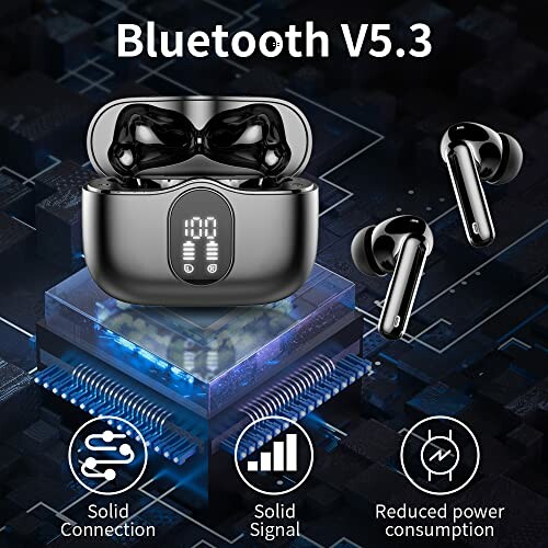 Bluetooth V5.3 wireless earbuds with charging case and digital display, highlighting solid connection, signal, and reduced power consumption.