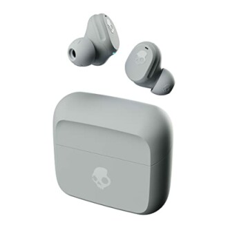 Gray wireless earbuds with charging case