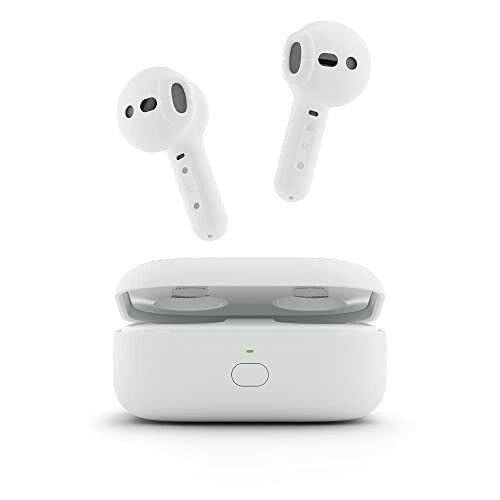 Wireless earbuds with charging case.