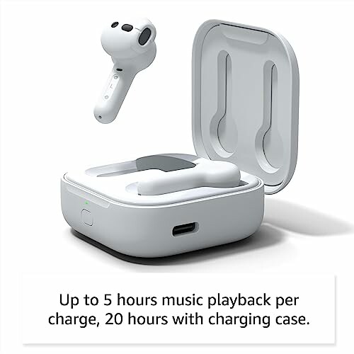 Wireless earbuds and charging case with playback time information.