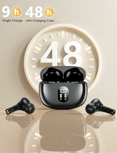 Wireless earbuds with charging case and clock display.