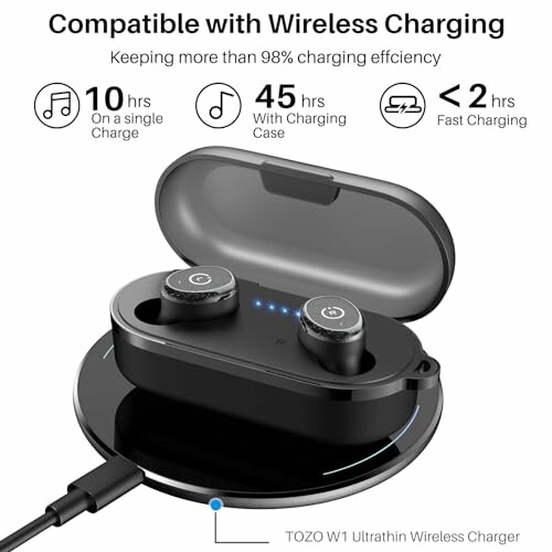 Wireless earbuds in charging case on wireless charger with text about charging efficiency.