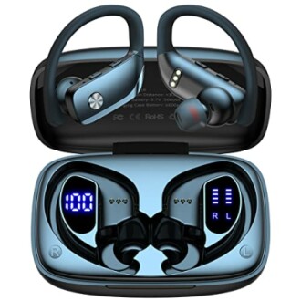 Wireless earbuds with charging case displaying battery levels.