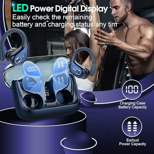 Wireless earbuds with LED power digital display and charging case.