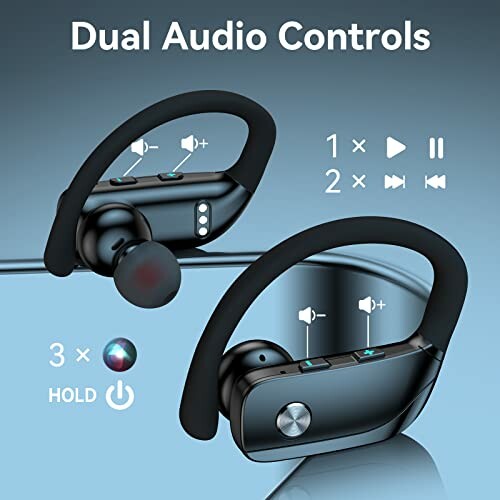 Wireless earbuds with dual audio controls for volume and playback.